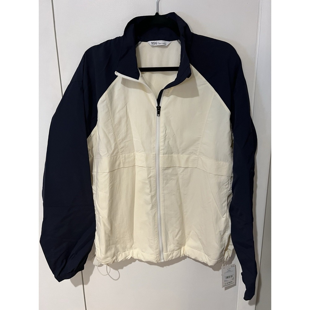 DSG Rain Jacket Womens Large Cream Navy Full Zip Windbreaker